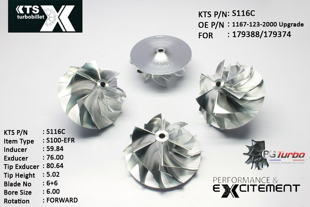 Turbo ROUE FORGÉE MFS PERFORMANCE - 6+6 PALES - INDUCER : 59,84 - EXDUCER : 76 - TYPE : S100-EFRANGLE : 60° - ROTATION : Forward - SUPER BACK : 4,2 - BORE SIZE : 6
